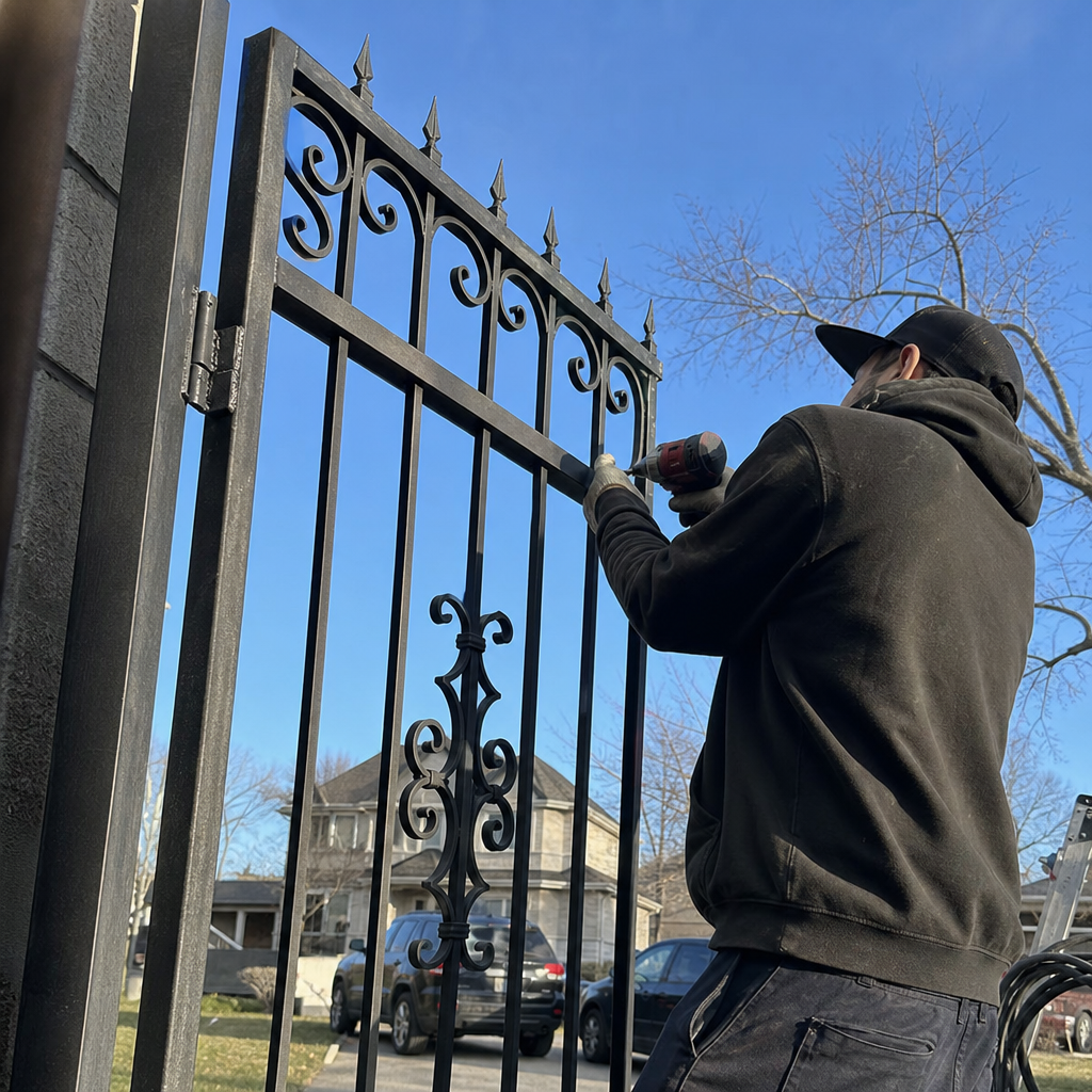Professional technician installing a custom decorative wrought iron metal gate