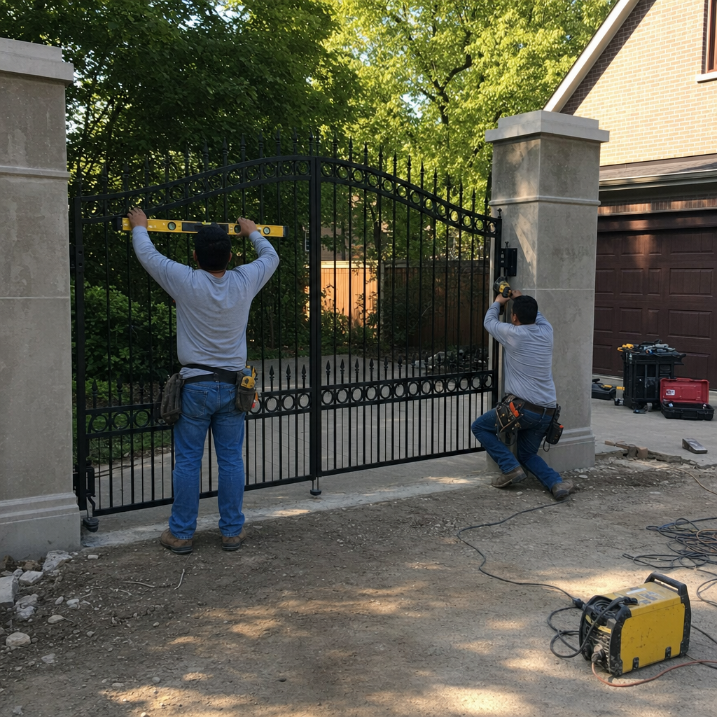 Two professional contractors installing a custom wrought iron gate