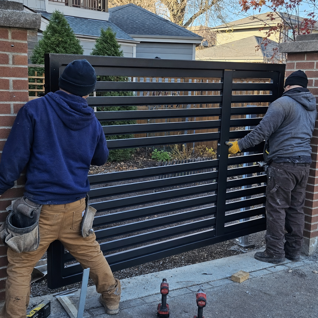 Two contractors performing a professional metal gate installation.