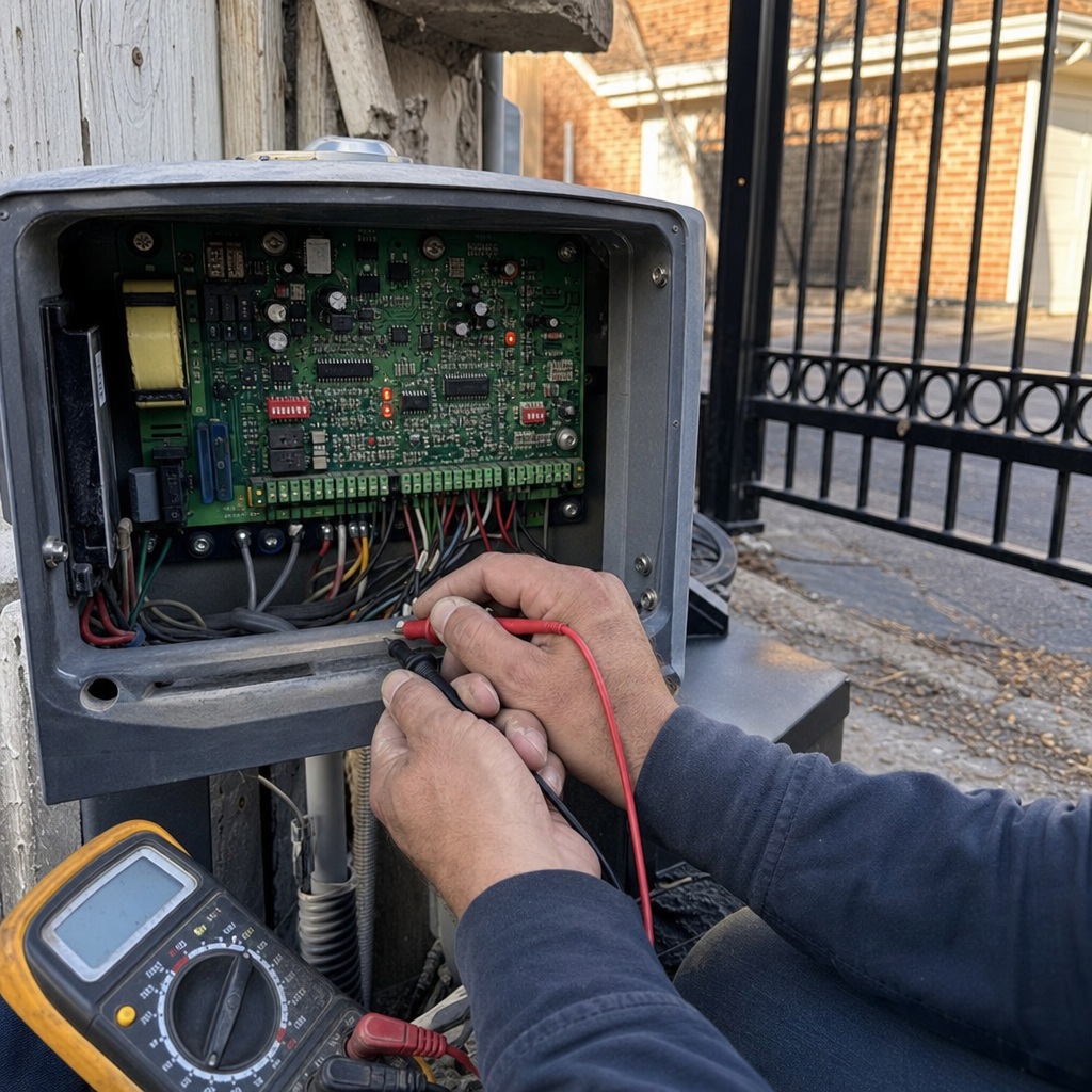 Technician using a multimeter to repair an automatic gate motor opener