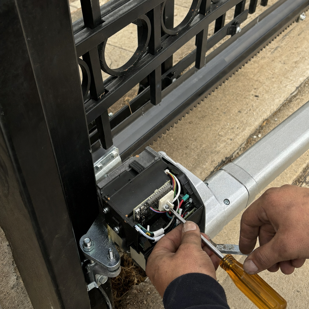 Technician performing maintenance on an automatic sliding gate motor