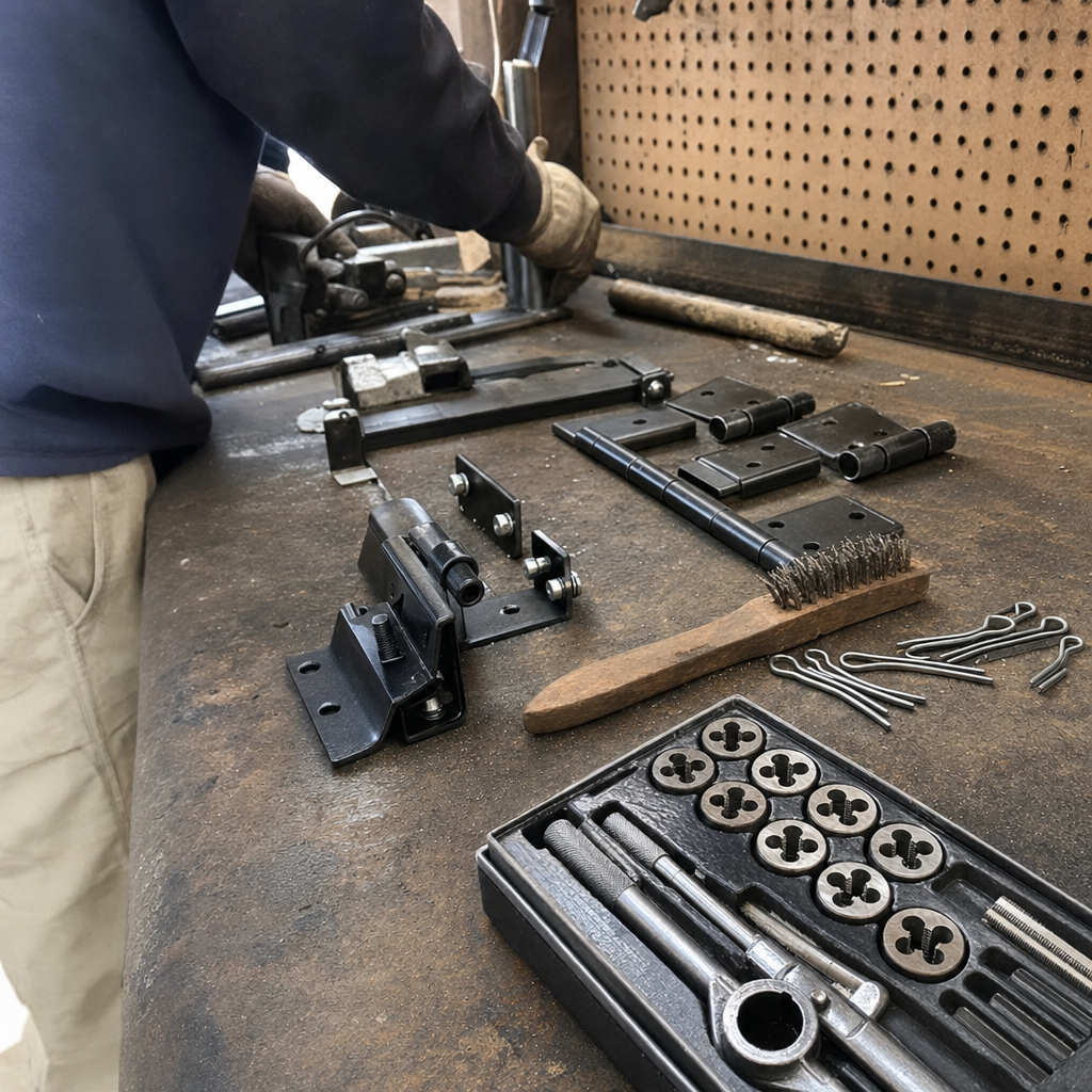 Technician organizing metal gate hinges and repair tools on a workbench. in Algonquin, IL