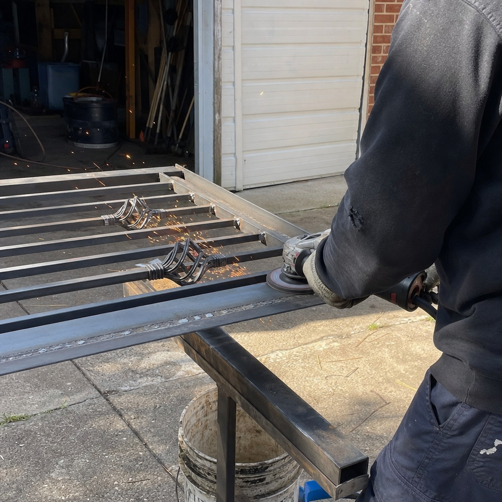 Welder using an angle grinder on metal gate parts in Hoffman Estates, IL