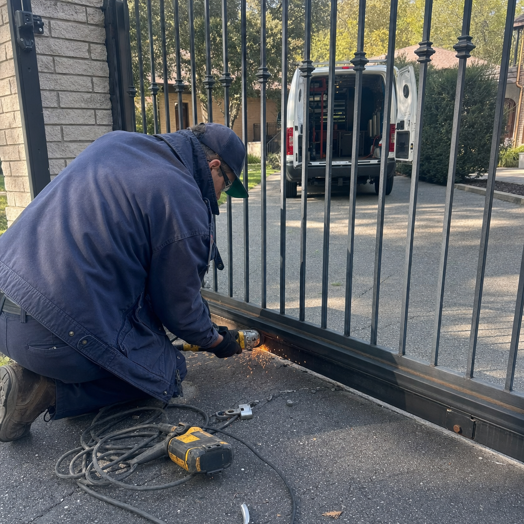 Technician using an angle grinder to perform professional metal gate repair.