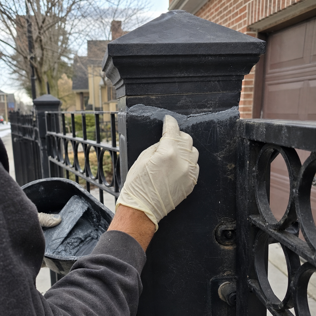 Professional repairing a crack on an ornamental metal gate post