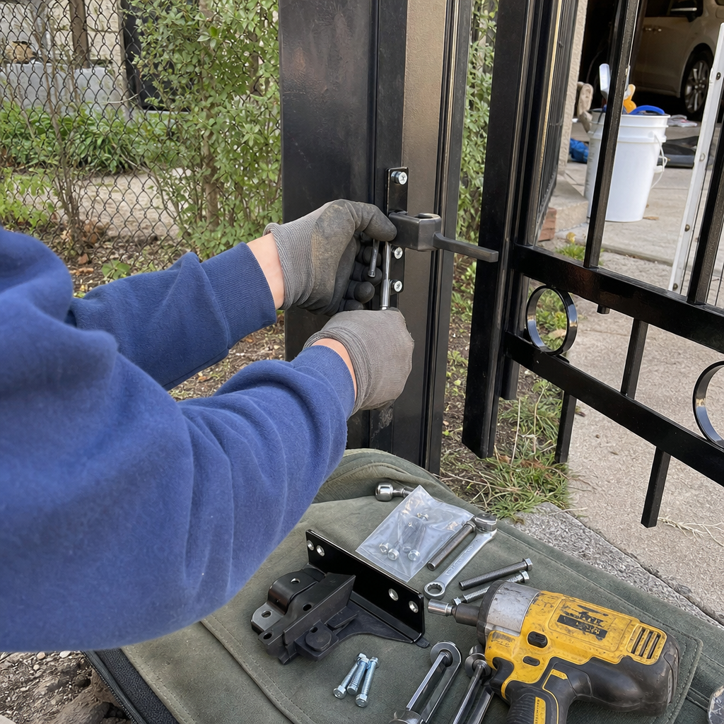 Technician performing professional gate repair and hardware installation